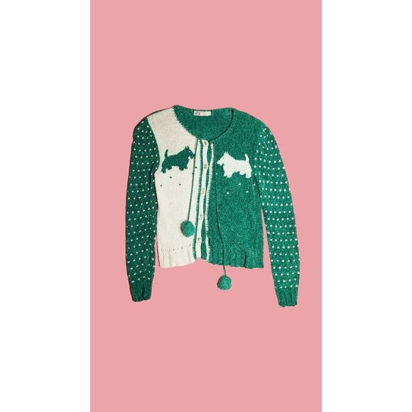 1980s EMMANUELLE KHANH Chenille. Green and White. Scottie DOG. Kitsch Pom-pom Bu - Picture 1 of 10